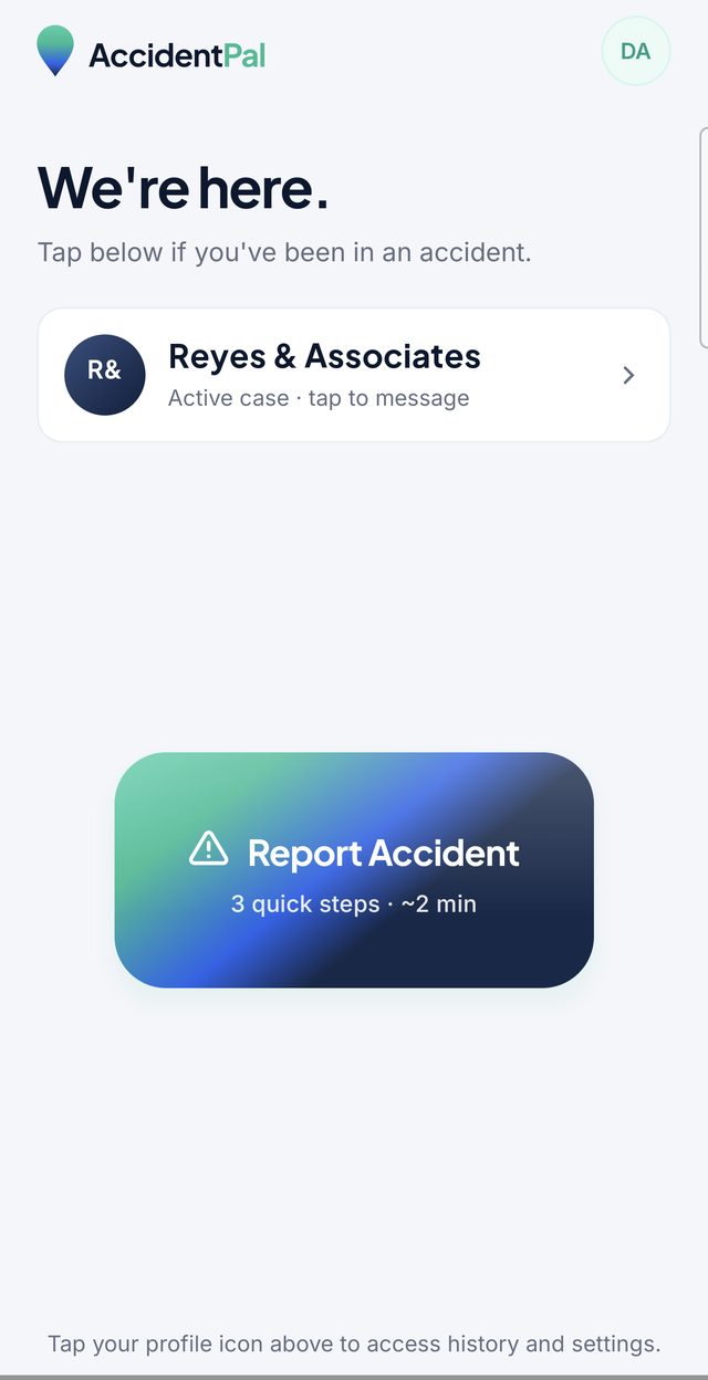 AccidentPal home screen: We're here — Report Accident, 3 quick steps