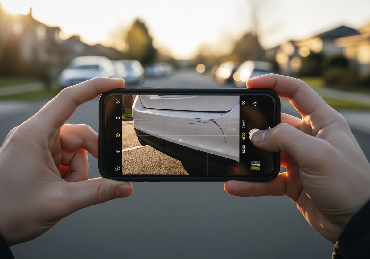 Hands photographing a small scratch on a car bumper, guided by the app