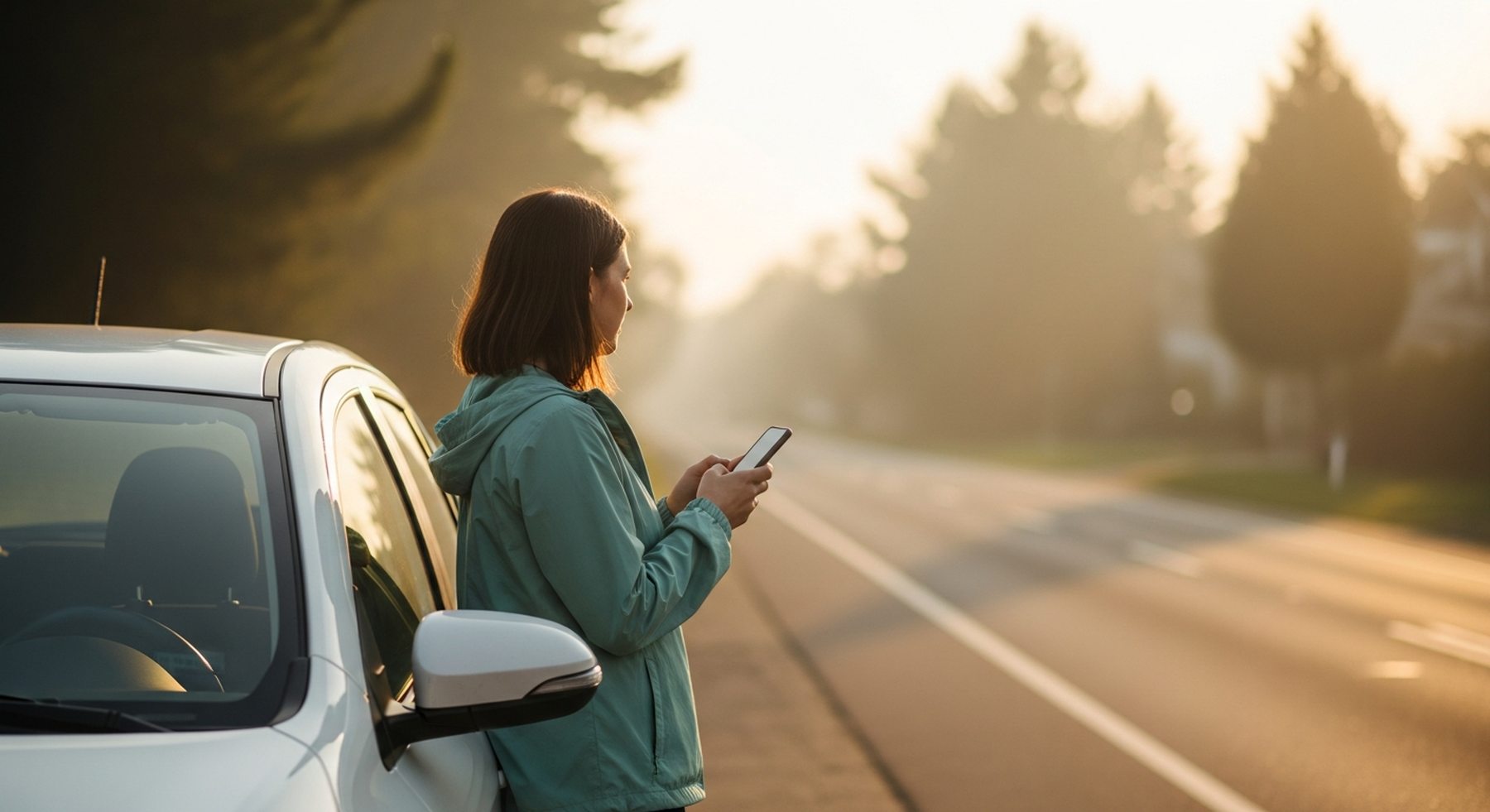 A woman stands calmly beside her car on the shoulder of a quiet road at golden hour, phone in hand