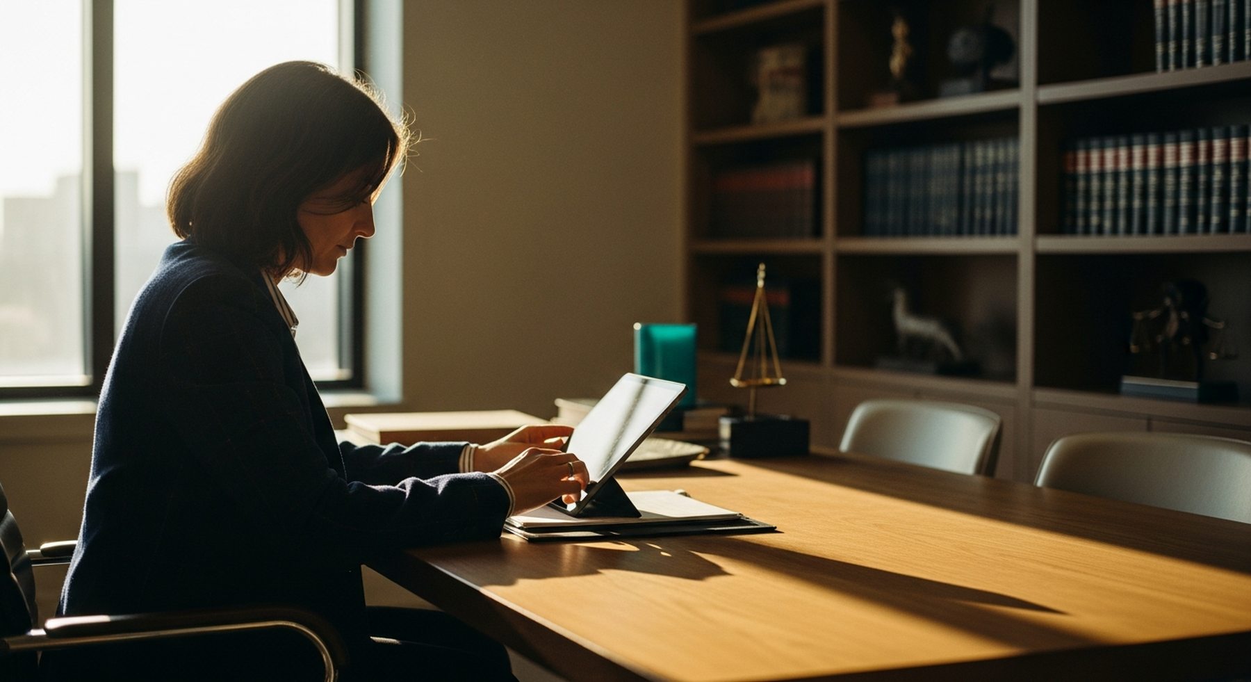 An attorney reviews a case on a tablet in a warm office at golden hour