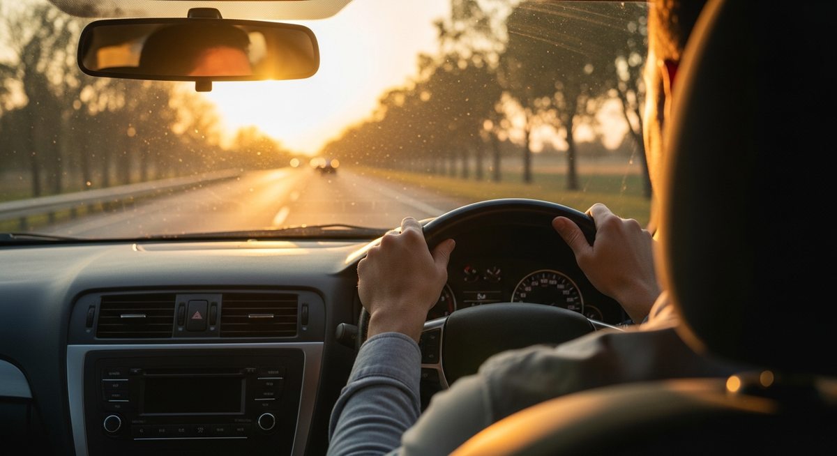 Relaxed hands on the wheel, driving into the sunset
